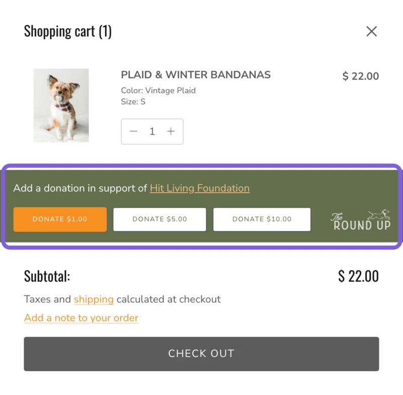 ModernBeast's slide-out cart with a bandana in it. A highlighted band reads Add a donation in support of Hit Living Foundation, with three buttons: Donate $1.00, Donate $5.00 and Donate $10.00. The buttons turn orange one at a time.