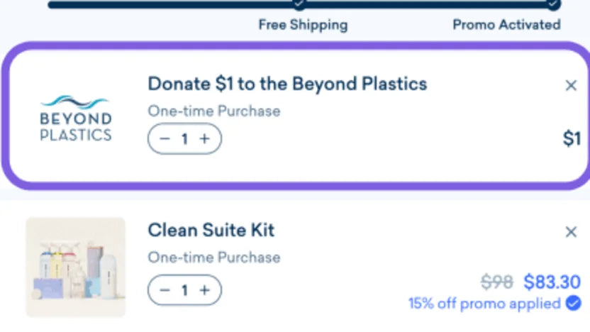 Blueland’s cart with a $1 donation to Beyond Plastics highlighted above a Clean Suite Kit